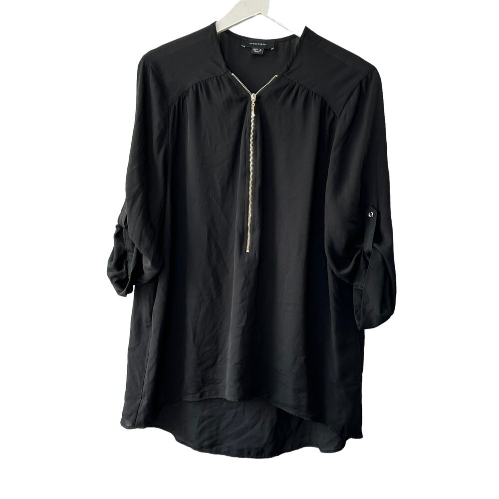 Atmosphere Black Roll Tab Sleeve Zip Front Blouse Women's Size 12